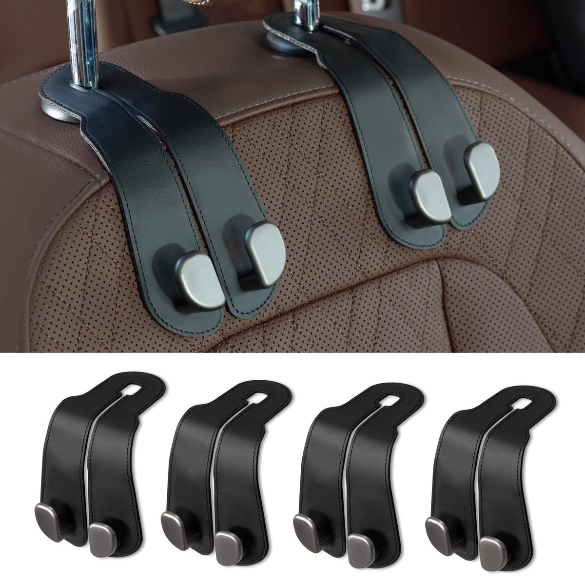 CoBak Purse Hook for Car - Universal Premium Stitched Leather and Aluminum-Magnesium Alloy Double Car Seat Back Storage Hook for Purses, Handbags, Bags (2 Pack),Black Jansha Store