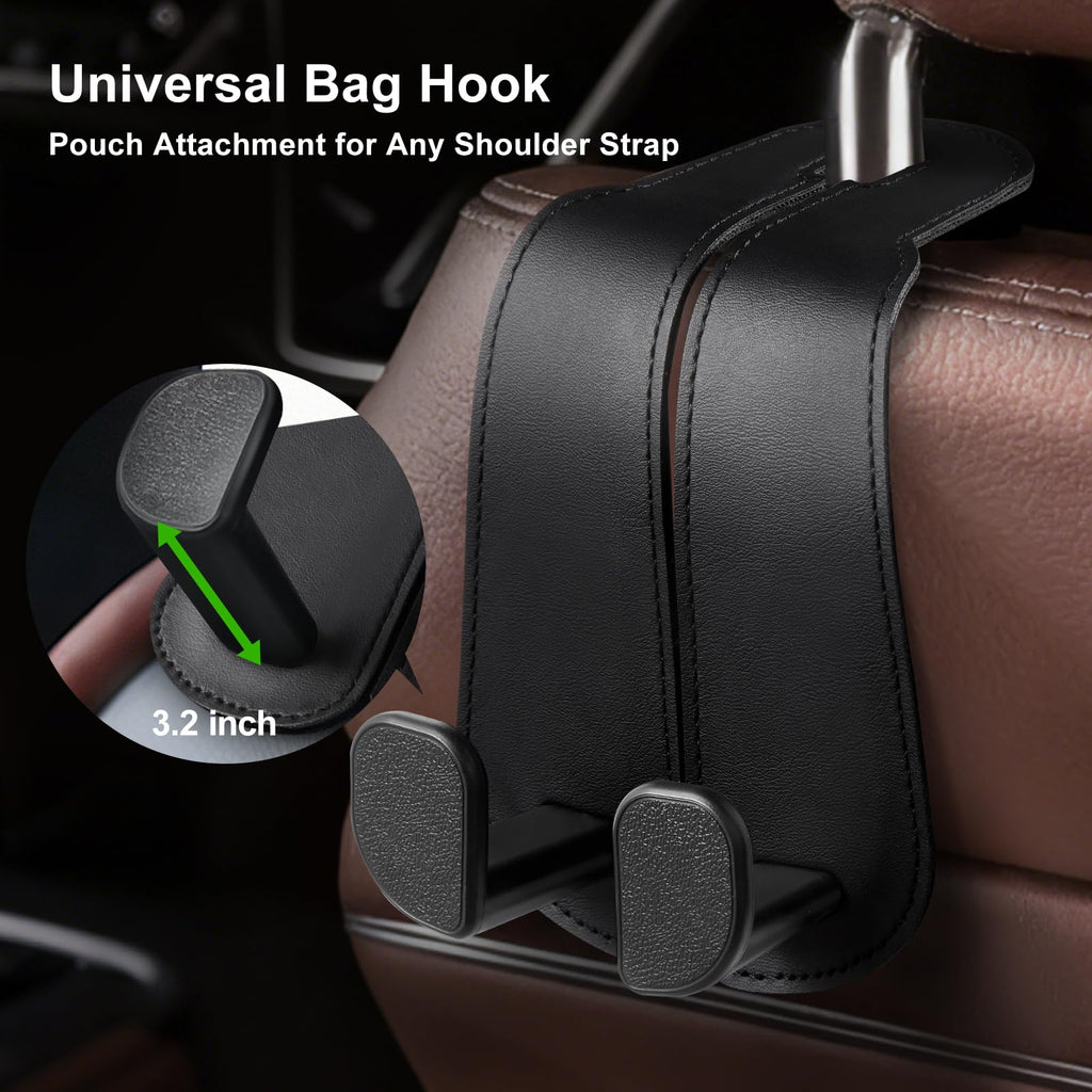 CoBak Purse Hook for Car - Universal Premium Stitched Leather and Aluminum-Magnesium Alloy Double Car Seat Back Storage Hook for Purses, Handbags, Bags (2 Pack),Black Jansha Store