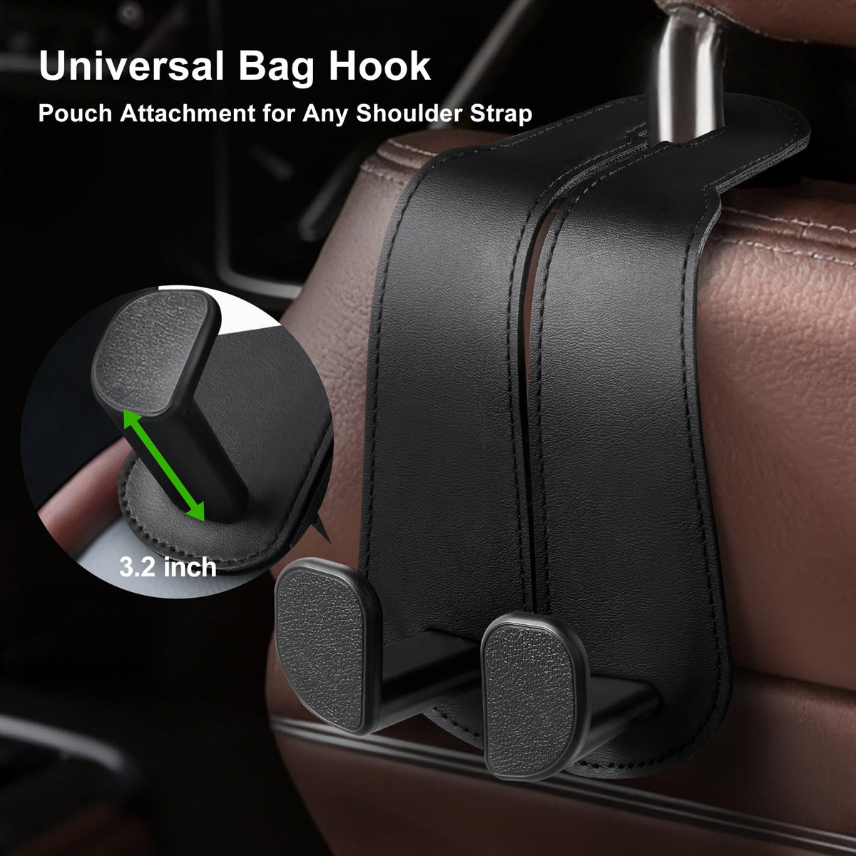 CoBak Purse Hook for Car - Universal Premium Stitched Leather and Aluminum-Magnesium Alloy Double Car Seat Back Storage Hook for Purses, Handbags, Bags (2 Pack),Black Jansha Store