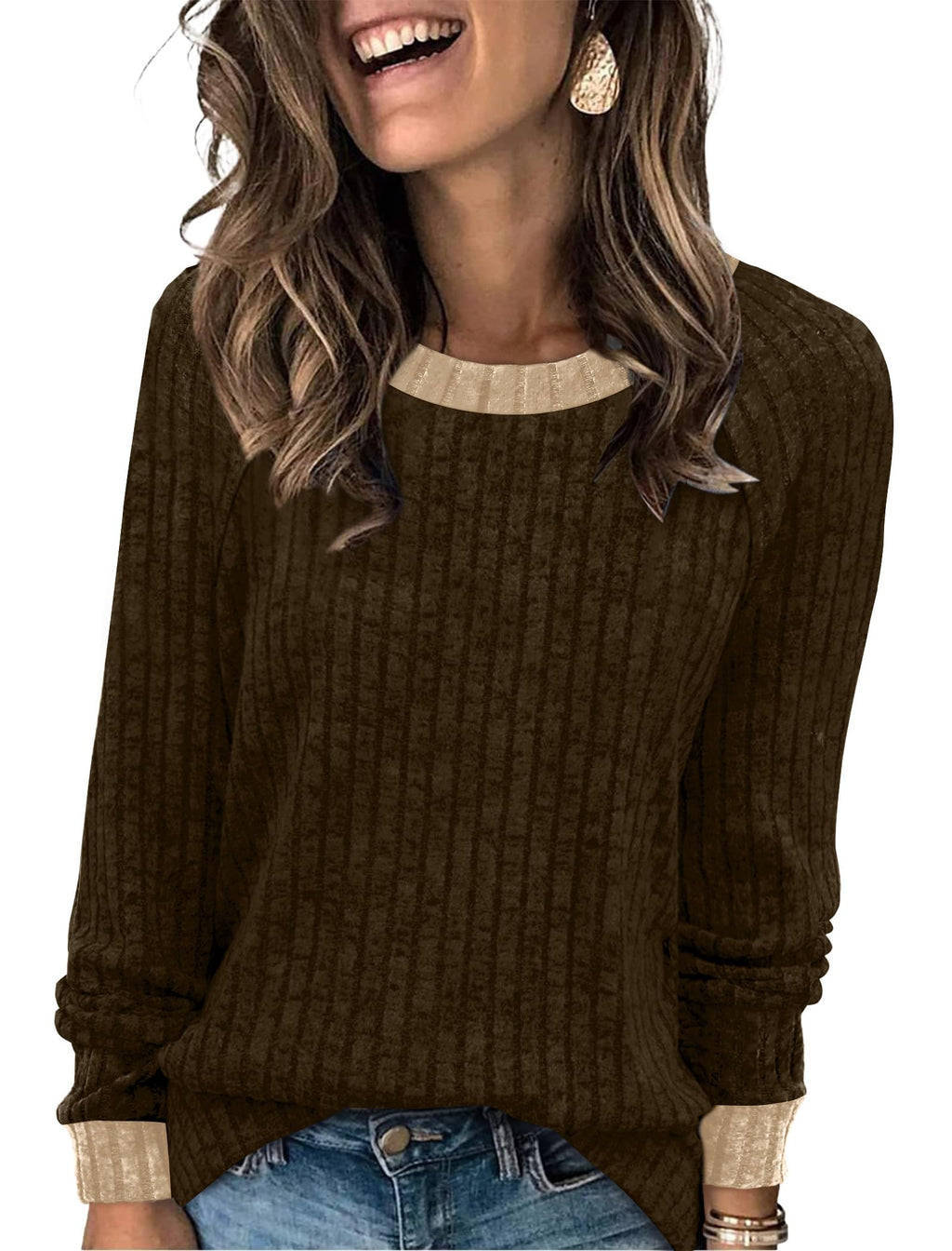 WIHOLL Long Sleeve Shirts for Women Lightweight Sweaters Fall Outfits 2026 Color Block Winter Clothing Dressy Casual Soft Jansha Store