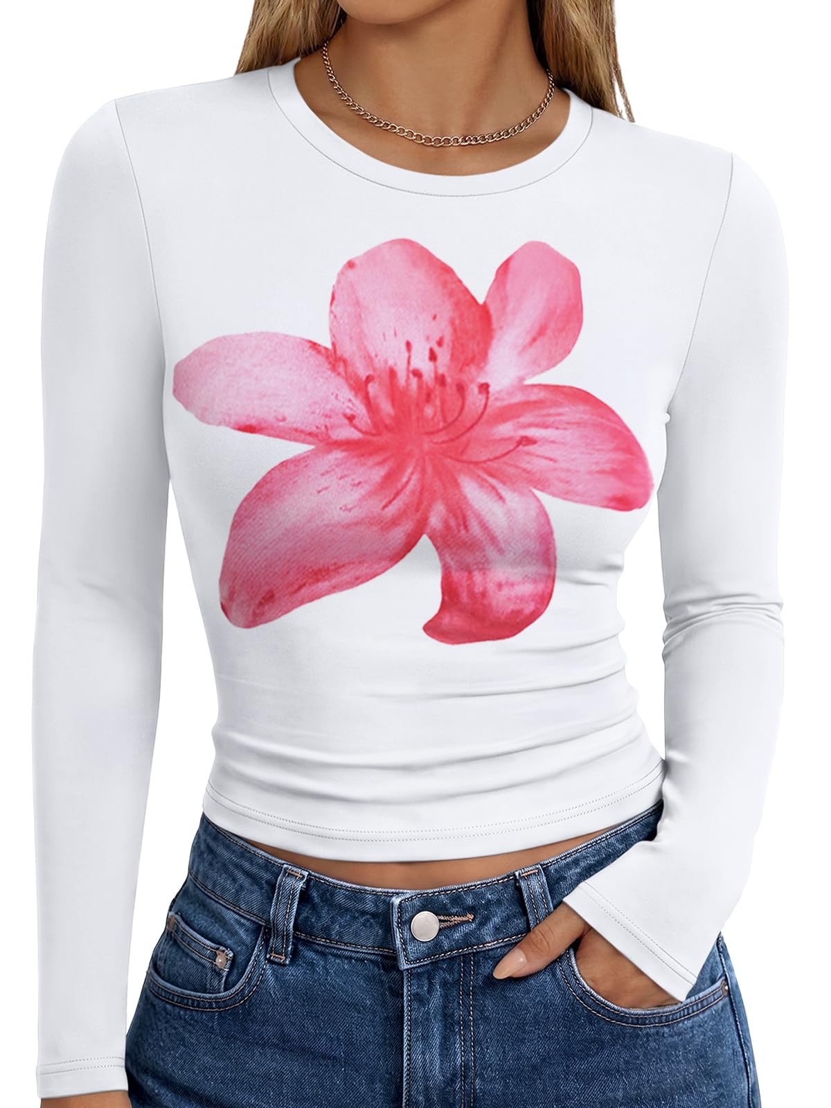 Women's long sleeve t-shirt styled for an everyday fall outfit with accessories