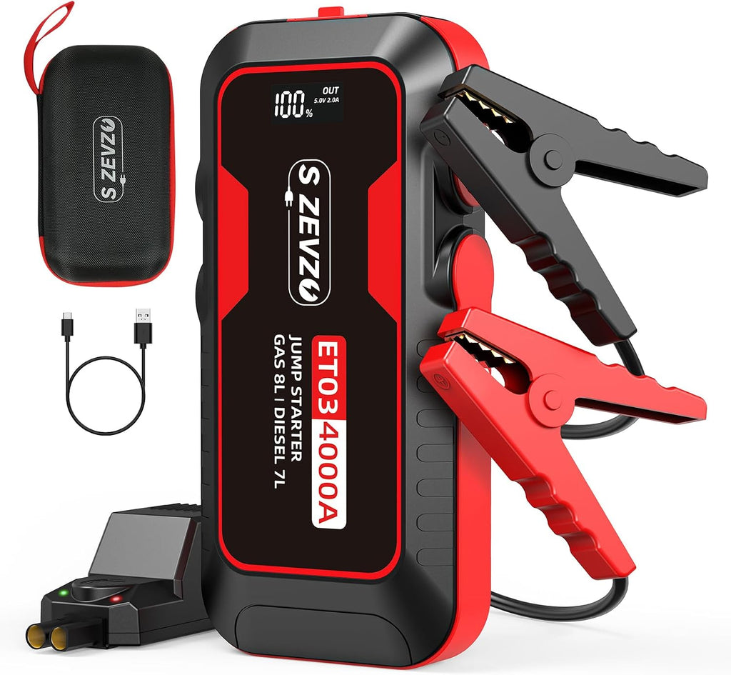 S ZEVZO ET03 Car Jump Starter 4000A Jump Starter Battery Pack for Up to 8.0L Gas and 7.0L Diesel Engines, 74Wh Portable 12V Jump Box with USB Ports, LCD Display, Storage Case, and LED Light Jansha Store