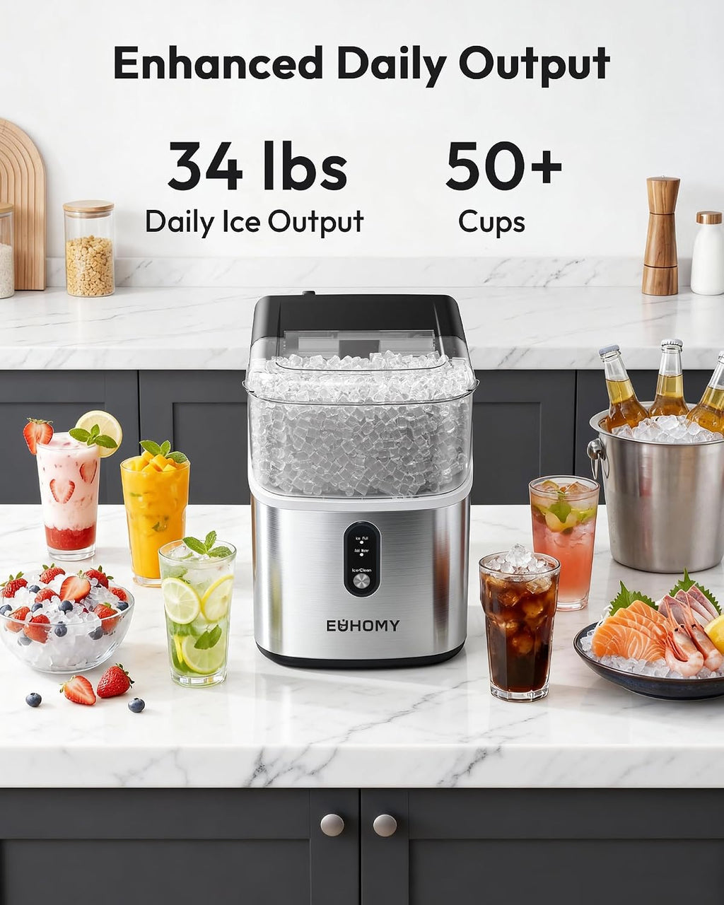 EUHOMY Nugget Ice Maker Countertop, Ready in 7 Mins, 34Lbs/24H Pebble Ice Maker Machine, Self-Cleaning Countertop Sonic Ice Makers with Ice Scoop&Basket, Pellet Ice Maker for Home, Stainless Steel Jansha Store