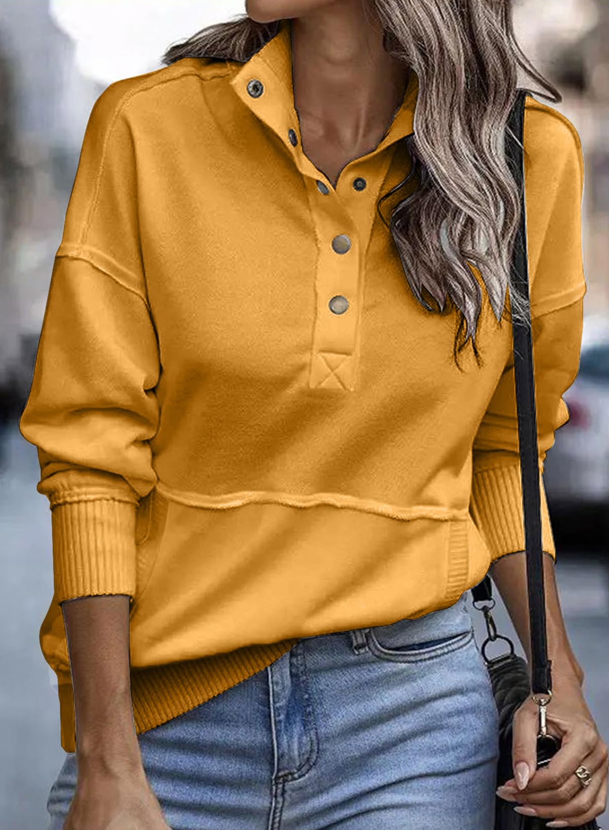 SHEWIN Women's Casual Long Sleeve Stand Neck Sweatshirt Lightweight Button Drawstring Pullover Tops Jansha Store