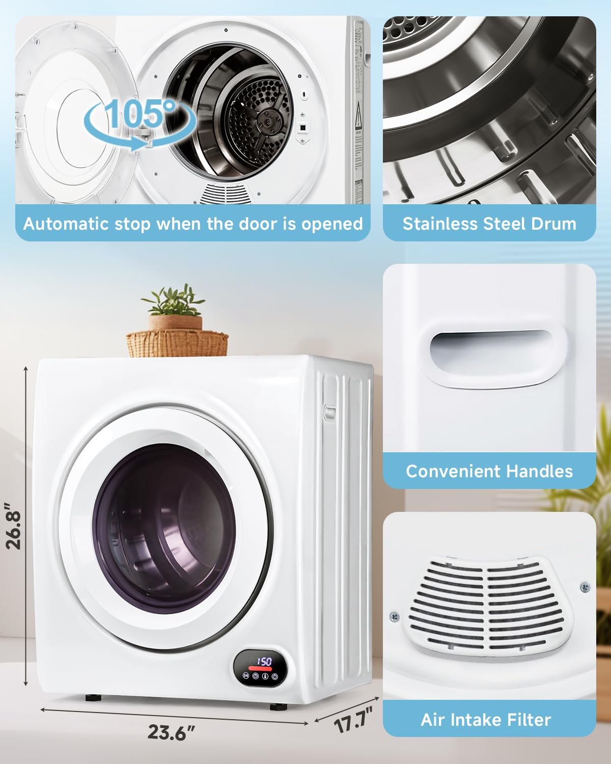 Feelfunn 850W Portable Clothes Dryer with 4 Automatic Drying Modes Jansha Store