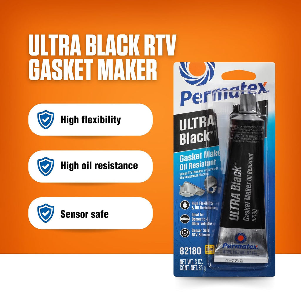 Permatex 82180 Ultra Black Maximum Oil Resistance RTV Silicone Gasket Maker, Sensor Safe and Non-Corrosive, for High Flex and Oil Resistant Applications 3 oz Jansha Store