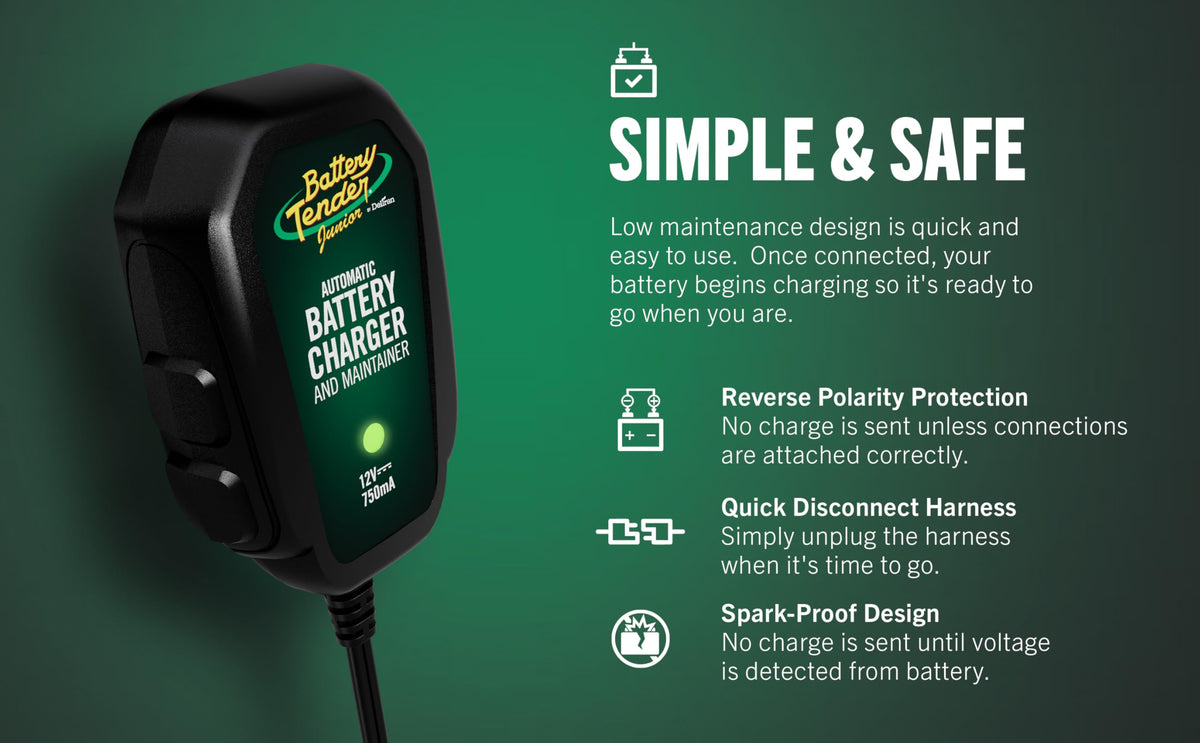 Battery Tender Junior 12V, 750mA Charger and Maintainer: Automatic 12V Powersports for Motorcycle, ATVs, and More - Smarter Than a Trickle Charger - 021-0123 Jansha Store
