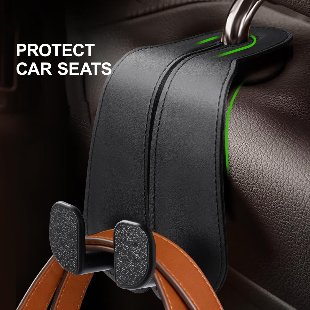 CoBak Purse Hook for Car - Universal Premium Stitched Leather and Aluminum-Magnesium Alloy Double Car Seat Back Storage Hook for Purses, Handbags, Bags (2 Pack),Black Jansha Store