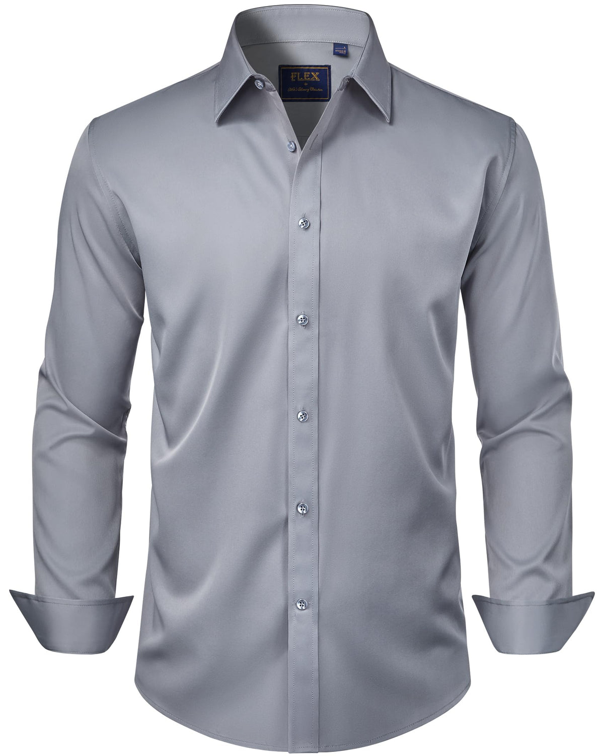 Men's business casual shirt front view highlighting the solid color and buttons