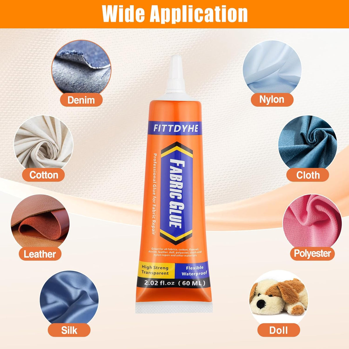 FITTDYHE Fabric Glue Permanent, 60 ML Washable Clear Clothing Glue, Super Fabric Glue for Rhinestones, Patches, Clothes, Denim, Leather, Polyester, Fabrics, Doll Repair, Flannel, Cotton Jansha Store