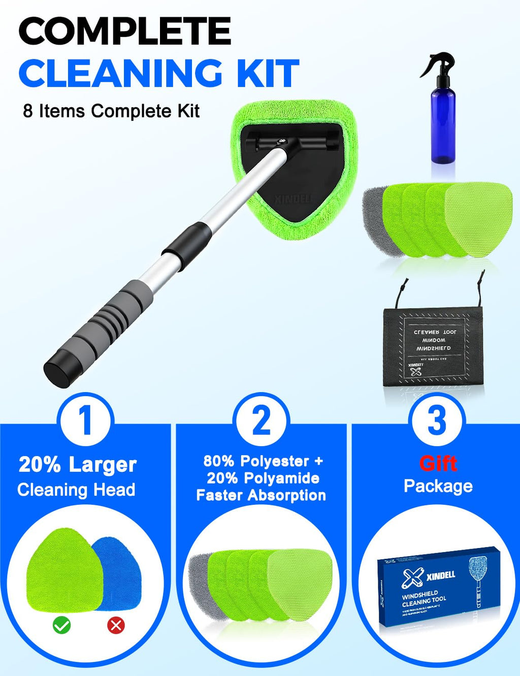 XINDELL Interior Windshield Cleaner Tool – Car Interior Window Cleaning Kit with Extendable Handle & 4 Microfiber Pads, Auto Wiper Inside Compact Windshield Brush for Car & Home Windows Jansha Store