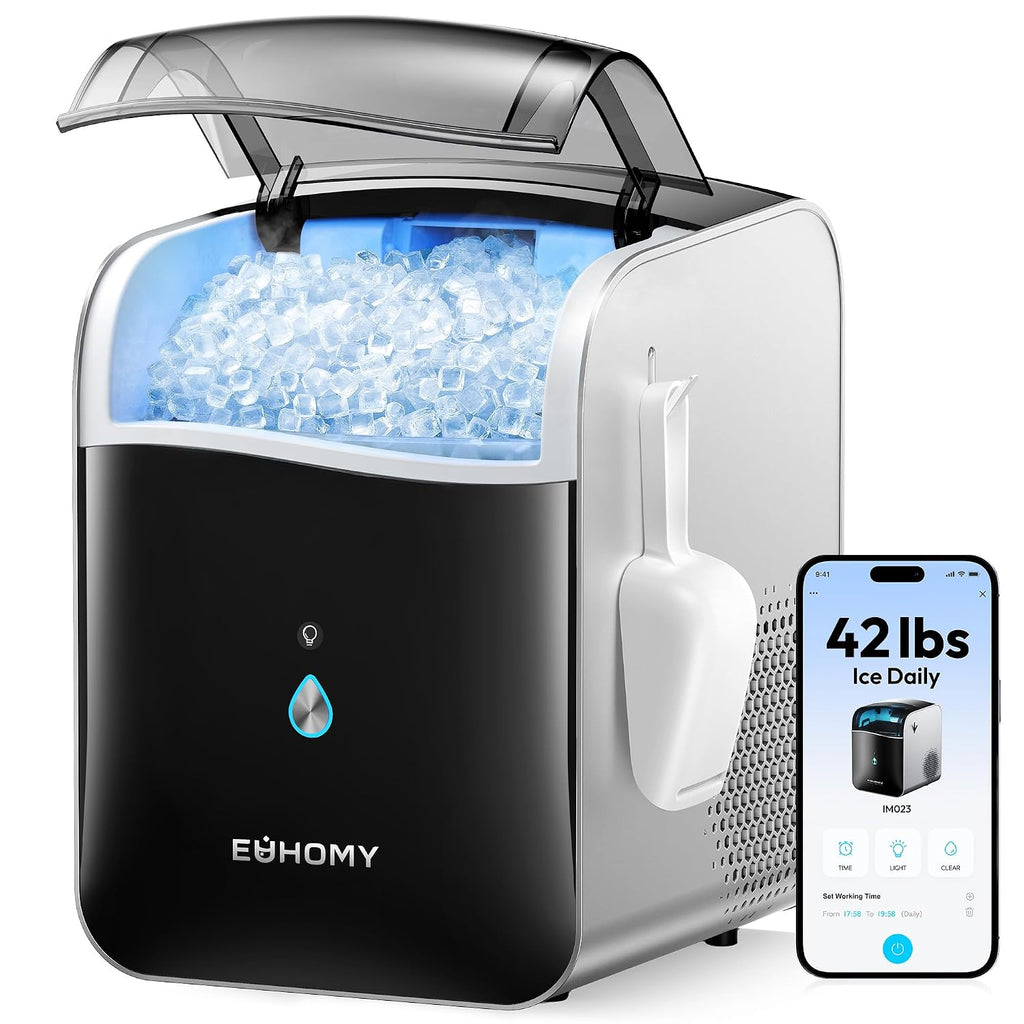 EUHOMY Smart Nugget Ice Maker Countertop, 42lbs/24H, Ready in 7 Mins, Portable Sonic Ice Maker with APP/Alexa Control, Self-Cleaning, Pebble Ice Makers with Hanging Ice Scoop for Home/Office Jansha Store
