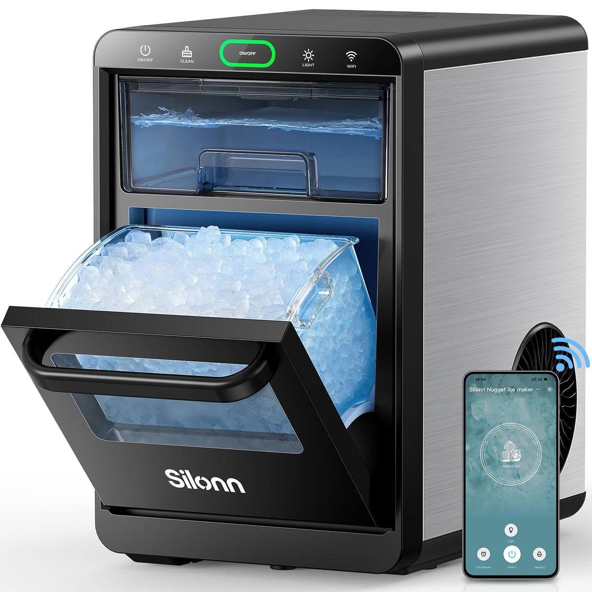 Silonn Nugget Ice Maker Countertop, Pellet Ice Machine with Self-Cleaning Function, Sonic Ice Maker Produces 36lbs of Chewable Ice in 24 Hours, Ideal for Home Kitchen and Office (Stainless Steel) Jansha Store