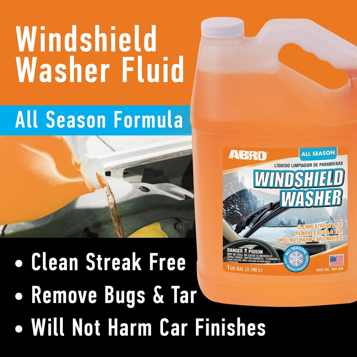 ABRO Windshield Washer Fluid 1 Gallon, Streak-Free Bug Remover, 1 Pack Jansha Store