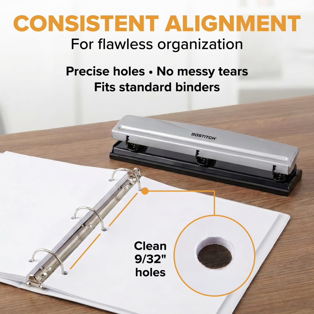 Bostitch Office 3 Hole Punch, Metal, 12 Sheet Capacity, Rubber Base, Silver Jansha Store