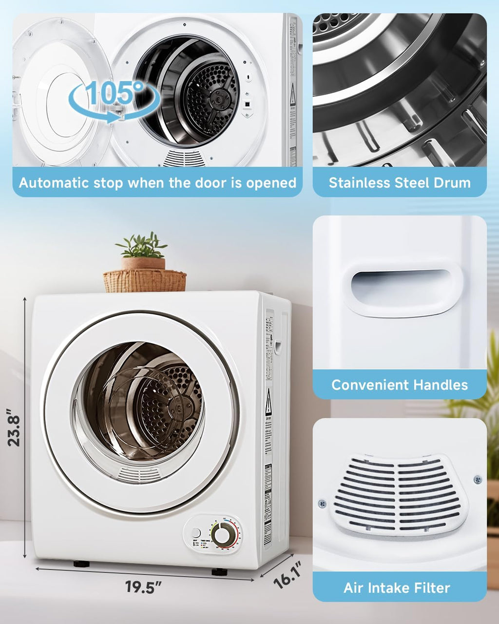 Feelfunn 850W Portable Clothes Dryer with 4 Automatic Drying Modes Jansha Store