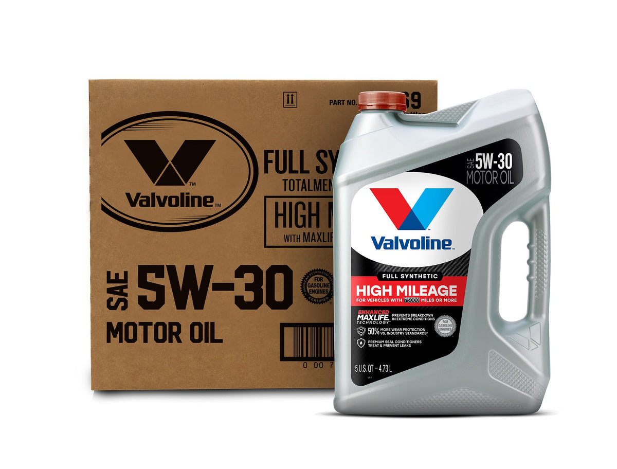 High mileage synthetic blend motor oil bottle with funnel for engine top-off