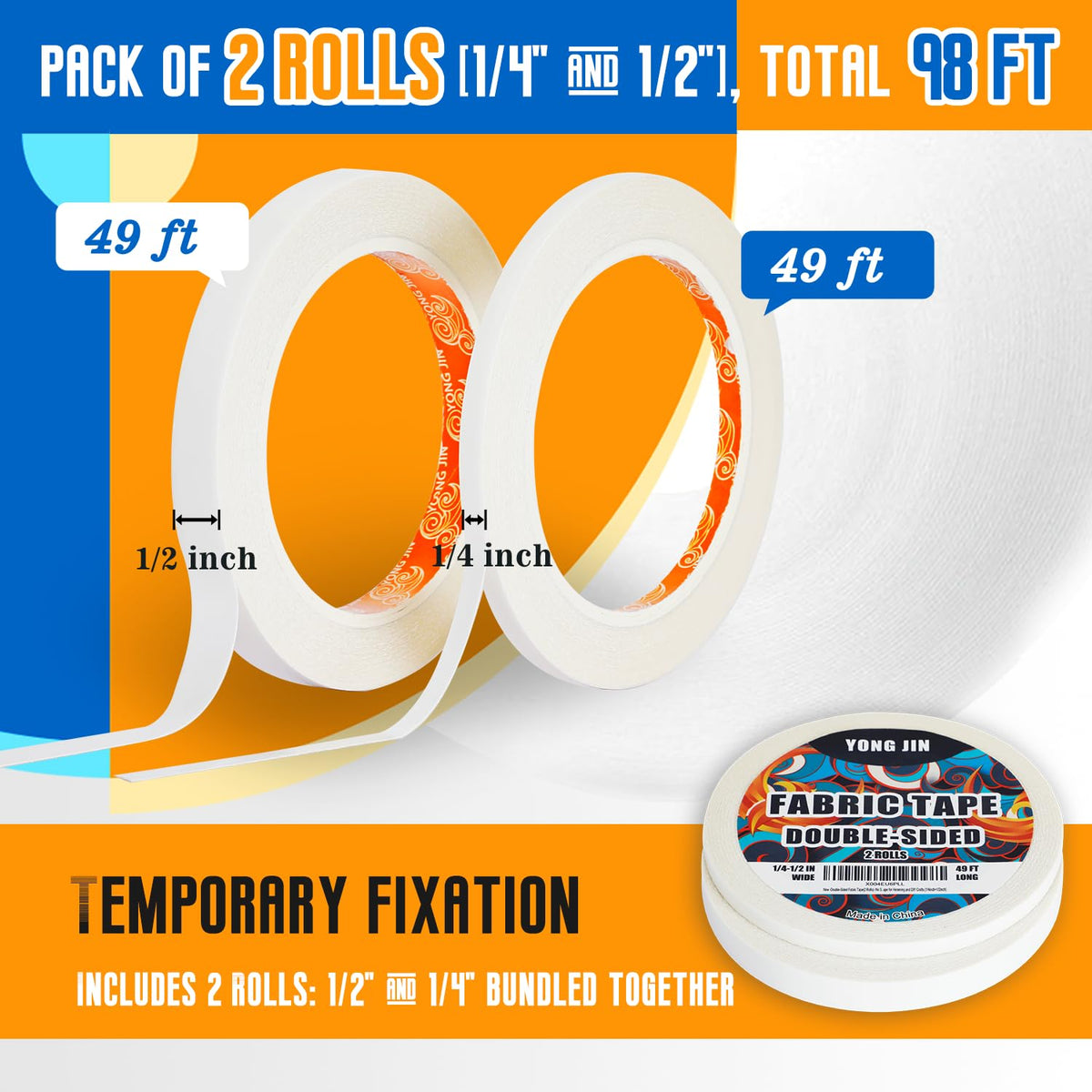 Double-Sided Fabric Tape,Hem Tape No Sew No Iron,1/4"+1/2" (2 Rolls) Jansha Store