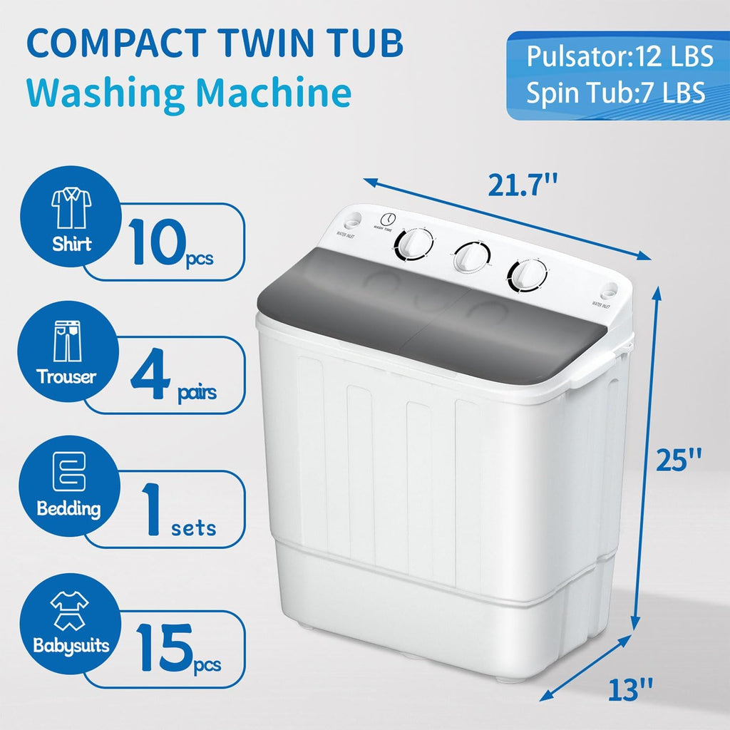 Erivess Portable Twin Tub 19lbs Washing Machine with Drying Rack and 10 Hangers, 12lbs Washer Mini Compact Laundry Machine with 7lbs Spinner, 1500rpm Semi-automatic Washer Combo for Dorm&Apartment Jansha Store