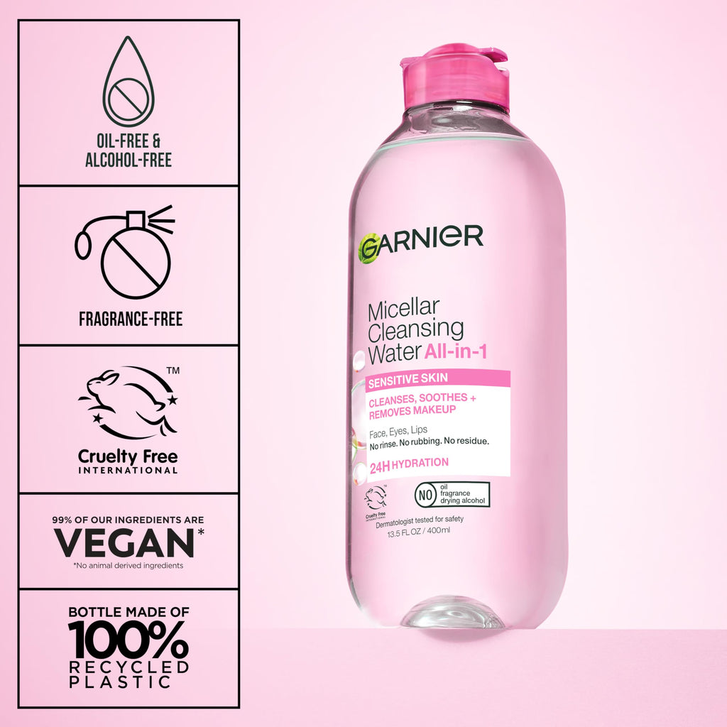 Garnier Micellar Water, Hydrating Facial Cleanser & Makeup Remover, Suitable for Sensitive Skin, Vegan, Cruelty Free, 13.5 Fl Oz (400mL), 1 Count Jansha Store