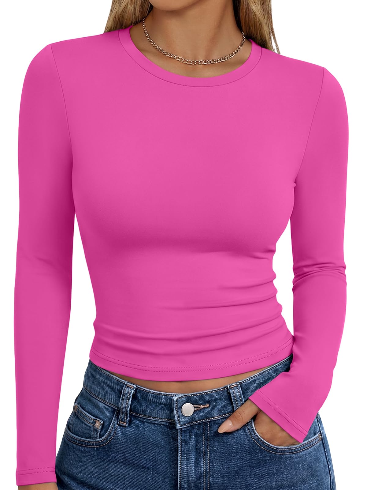 Close-up of the crew neckline on the women's long sleeve basic top