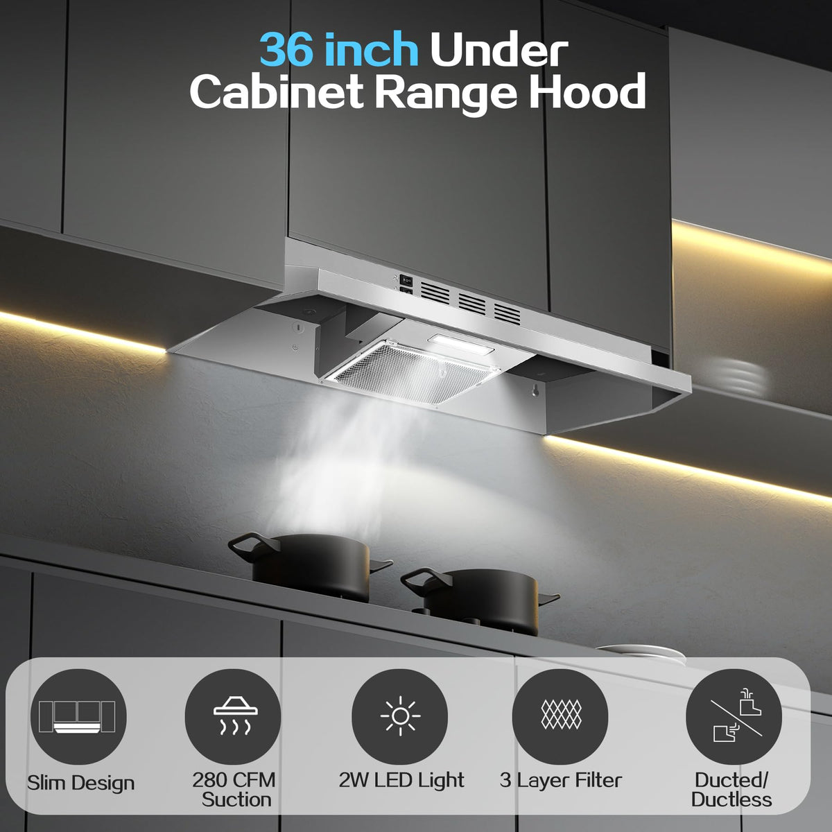 Range Hood 30 inch Under Cabinet, Stainless Steel Kitchen Vent Hood 280CFM, Built-in Kitchen Stove Hood w/Rocker Button Control, Ducted/Ductless Convertible Duct, 2 Speeds Fan, Bright LED Light Jansha Store