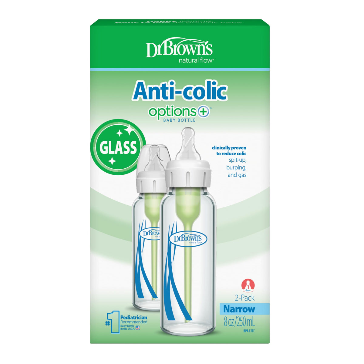 Dr. Brown's Anti-Colic Options+ Narrow Glass Baby Bottle, 8 oz/250 mL, with Level 1 Slow Flow Nipple, BPA-Free, 0m+, 1 Pack Jansha Store
