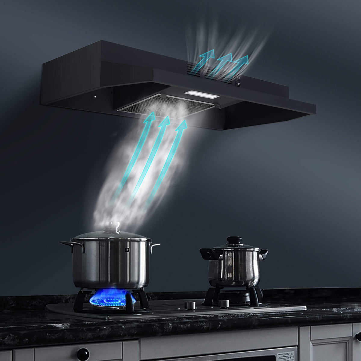 SNDOAS Black Range Hood 36 inch,Ductless Under Cabinet Range Hood Included Carbon Sponge Filter,Ducted Optional,Kitchen Hood 36 inch with 2 Vents,2 Speeds,Hard Wired Stove Vent Jansha Store