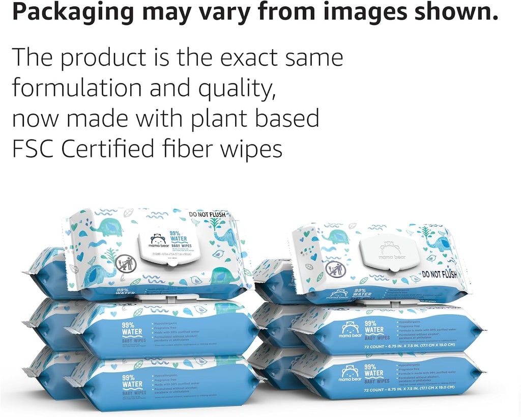 Amazon Brand - Mama Bear 99% Water Baby Wipes, Hypoallergenic, Fragrance Free,72 Count (Pack of 6) Jansha Store