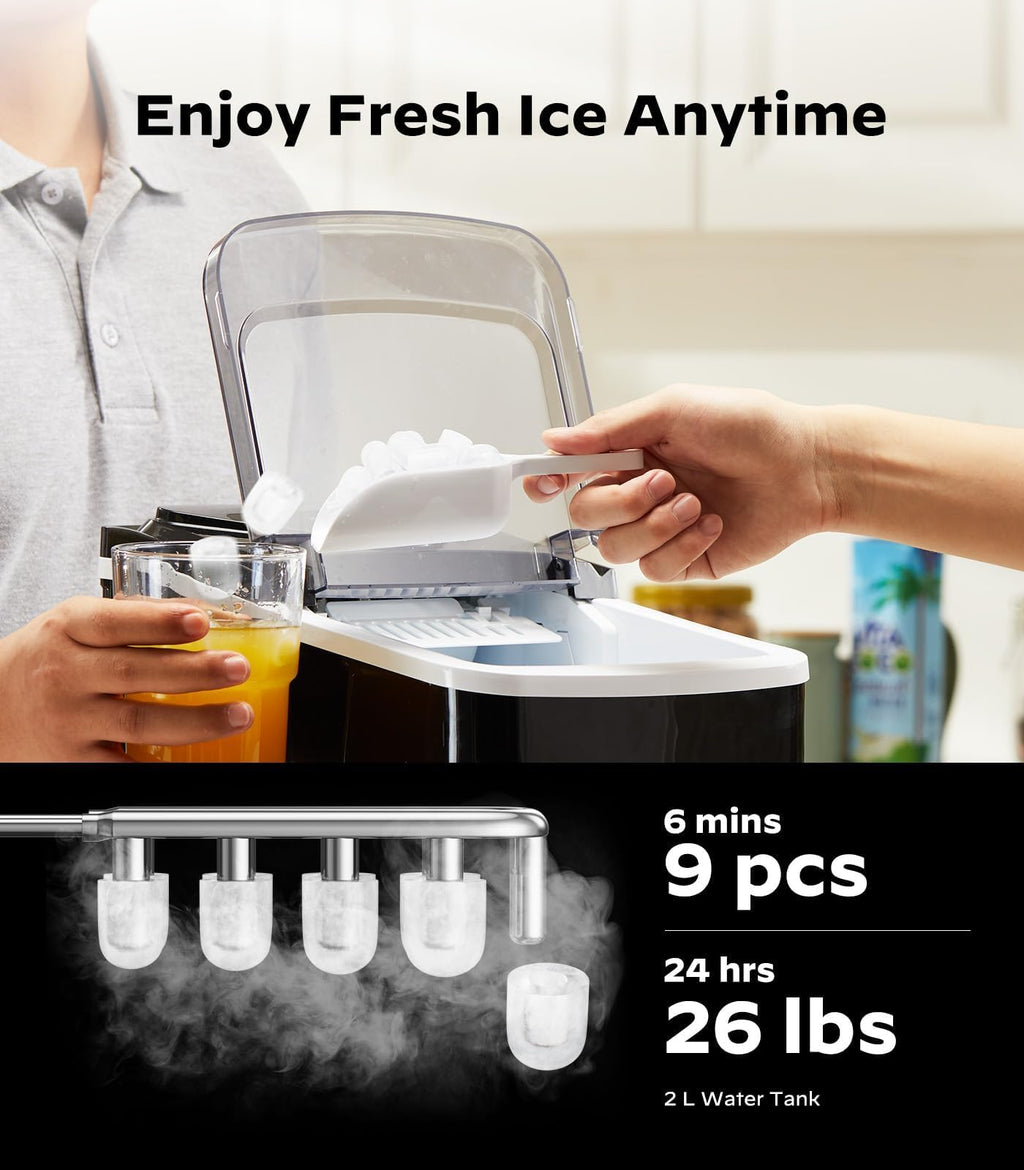 Silonn Ice Maker Countertop, 9 Cubes Ready in 6 Mins, 26lbs in 24Hrs, Self-Cleaning Ice Machine with Ice Scoop and Basket, 2 Sizes of Bullet Ice for Home Kitchen Office Bar Party Jansha Store