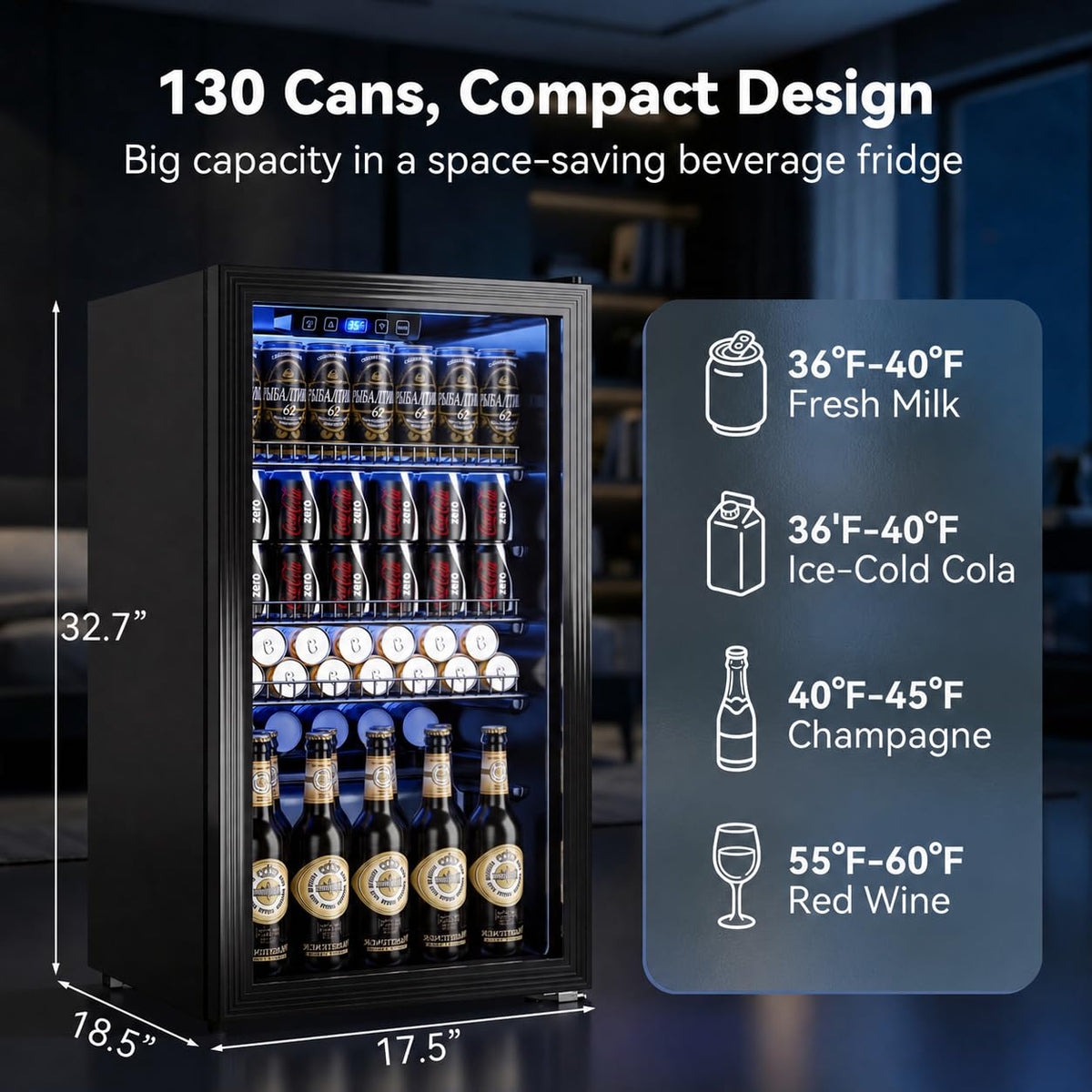 18L Beverage Refrigerator Cooler, 24-Can Mini Fridge with Glass Door Jansha Store