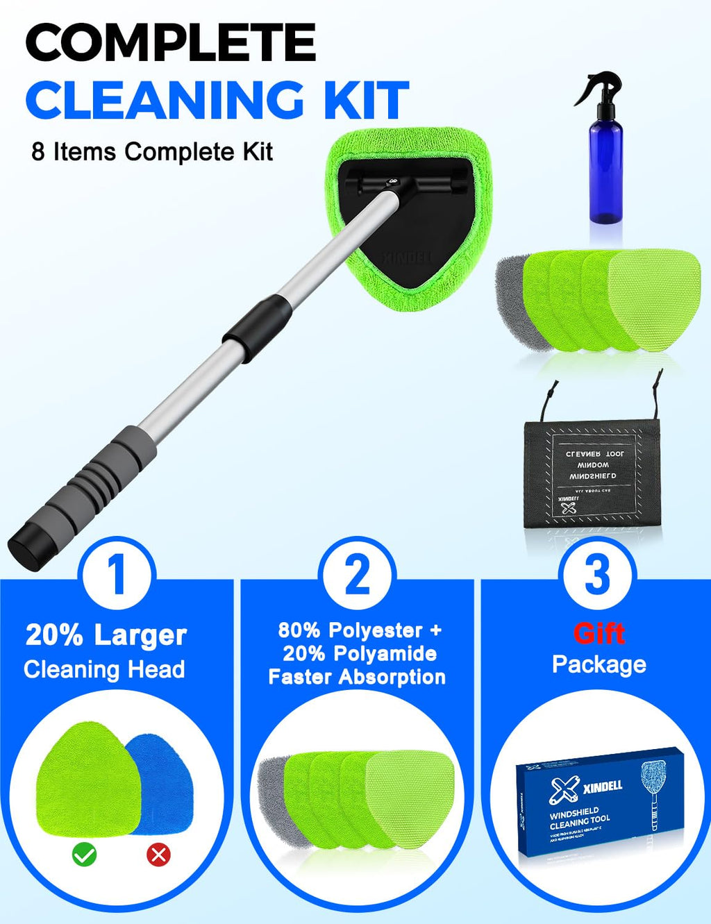 XINDELL Interior Windshield Cleaner Tool – Car Interior Window Cleaning Kit with Extendable Handle & 4 Microfiber Pads, Auto Wiper Inside Compact Windshield Brush for Car & Home Windows Jansha Store