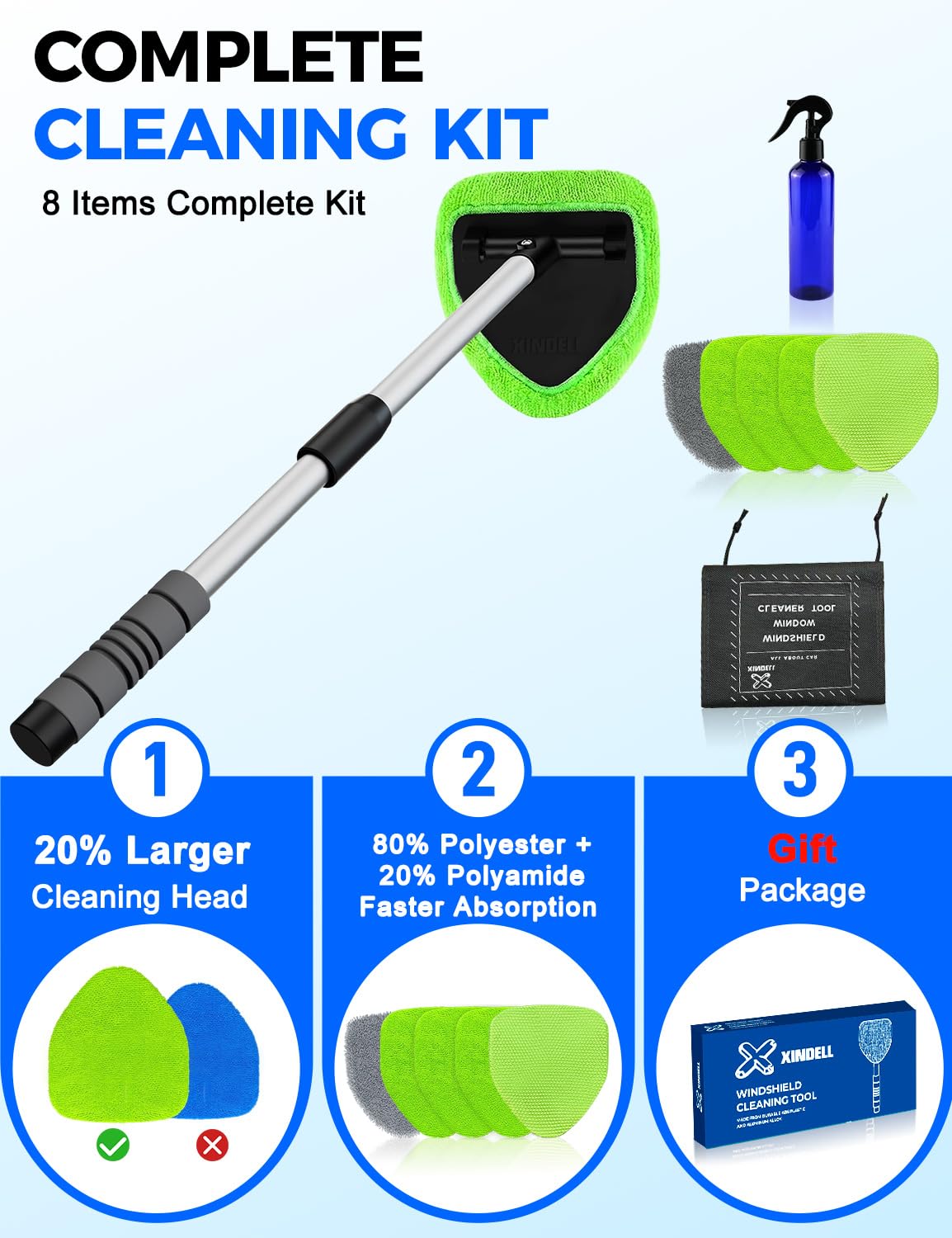 XINDELL Interior Windshield Cleaner Tool – Car Interior Window Cleaning Kit with Extendable Handle & 4 Microfiber Pads, Auto Wiper Inside Compact Windshield Brush for Car & Home Windows Jansha Store