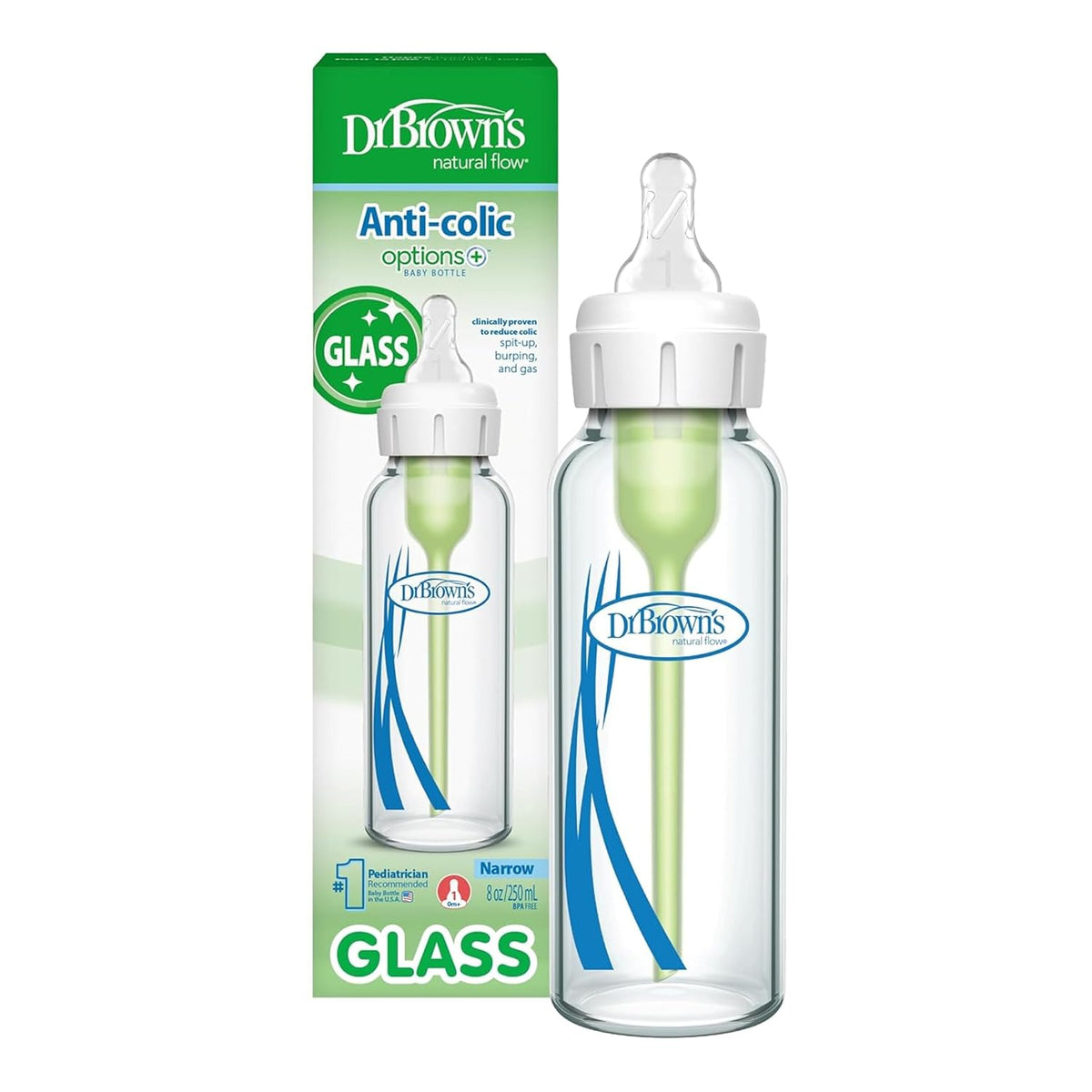 Dr. Brown's Anti-Colic Options+ Narrow Glass Baby Bottle, 8 oz/250 mL, with Level 1 Slow Flow Nipple, BPA-Free, 0m+, 1 Pack Jansha Store