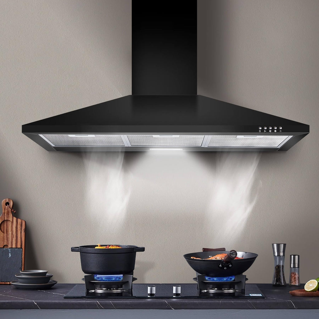SNDOAS Black Range Hood,Wall Mount Range Hood 30 inch,Stainless Steel Kitchen Hood with Ducted/Ductless Convertible,Stove Vent Hood,Aluminum Filters,3 Speed Exhaust Fan,LED Light,Button Control Jansha Store