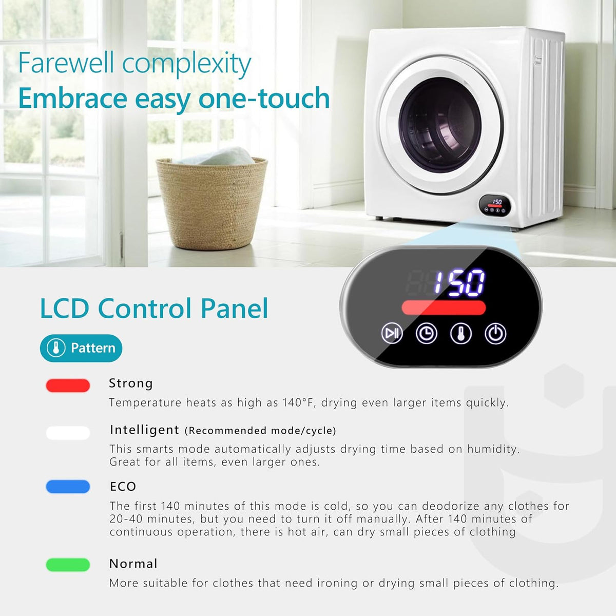 Euhomy Compact Laundry Dryer, 3.5 cu ft Front Load Stainless Steel Clothes Dryers With Exhaust Pipe, 1500W, LCD Control Panel Four-Function Portable Dryer For Apartments, Home, Dorm, White Jansha Store