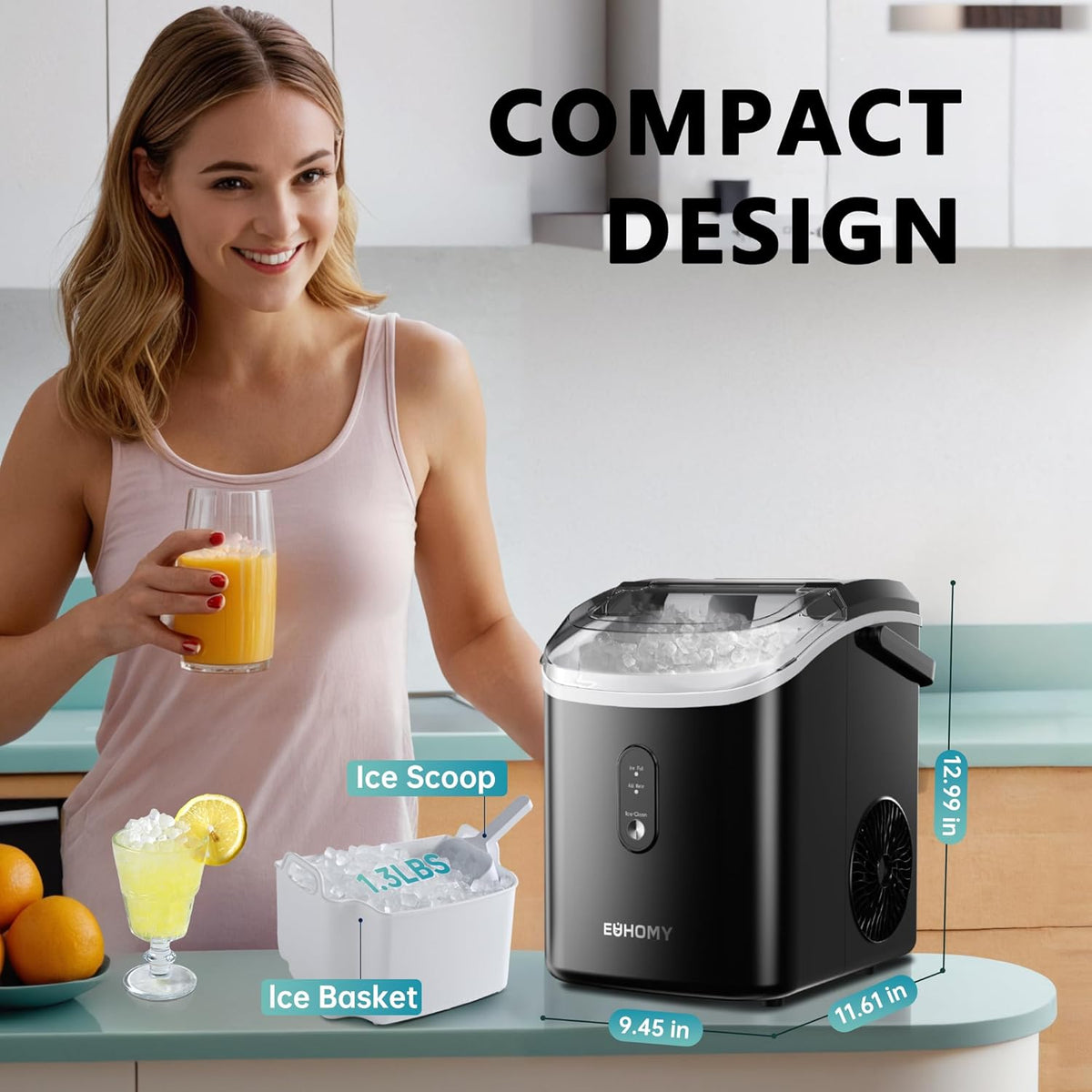 EUHOMY Nugget Ice Maker Countertop with Handle, Ready in 6 Mins, 34lbs Per Day, Removable Top Cover, Auto-Cleaning, Portable Sonic Ice Maker with Basket and Scoop, for Home/Party/RV/Camping (Black) Jansha Store