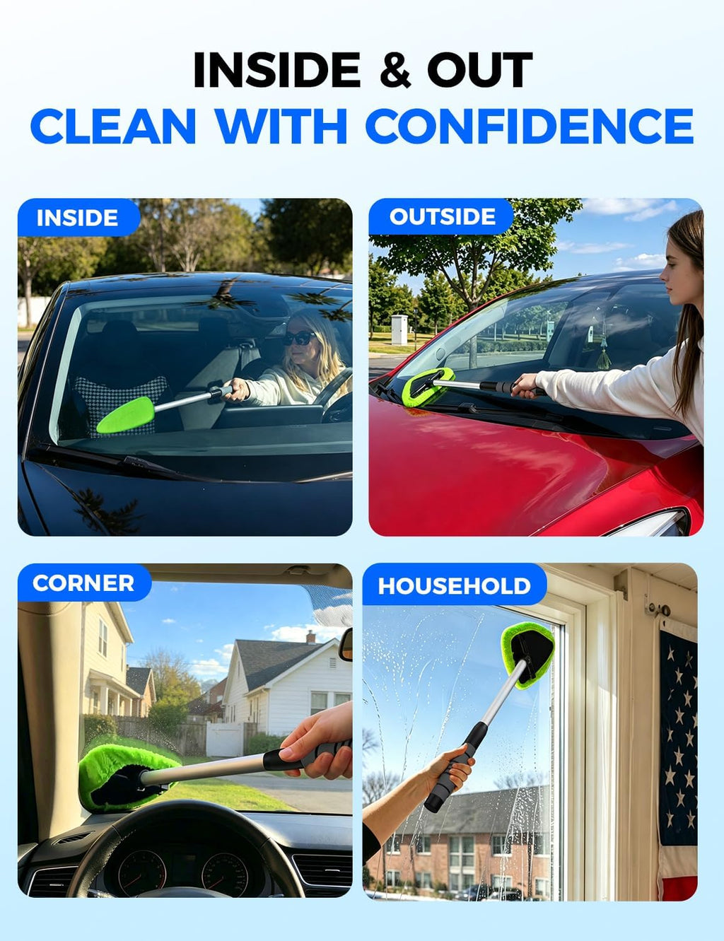 XINDELL Interior Windshield Cleaner Tool – Car Interior Window Cleaning Kit with Extendable Handle & 4 Microfiber Pads, Auto Wiper Inside Compact Windshield Brush for Car & Home Windows Jansha Store