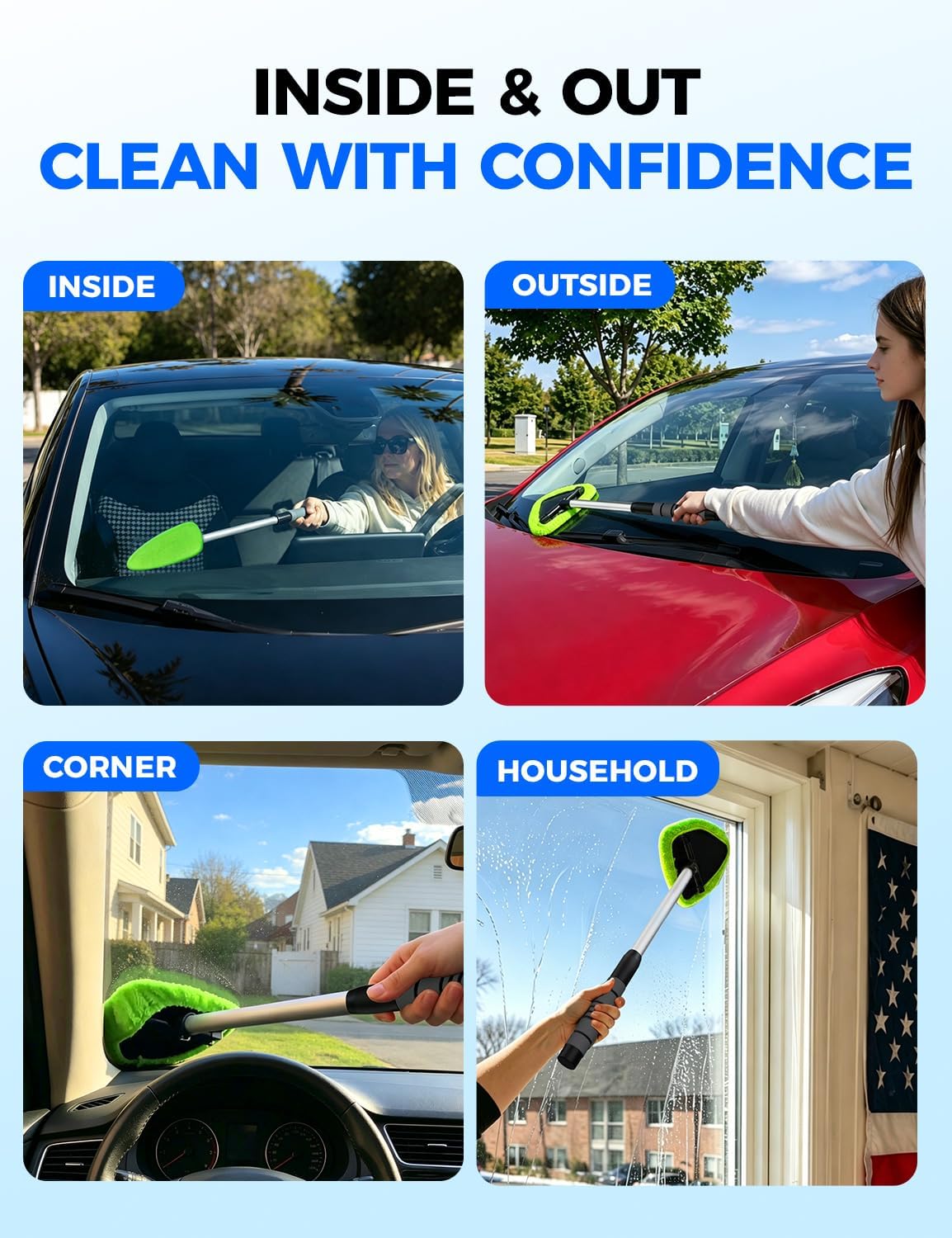XINDELL Interior Windshield Cleaner Tool – Car Interior Window Cleaning Kit with Extendable Handle & 4 Microfiber Pads, Auto Wiper Inside Compact Windshield Brush for Car & Home Windows Jansha Store