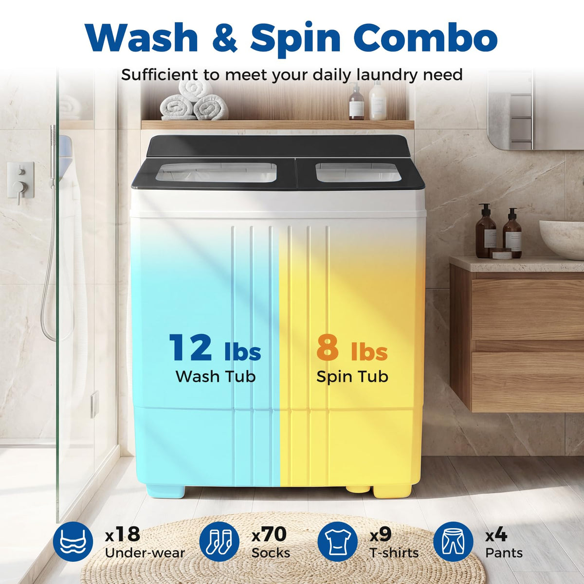 COSTWAY 26Lbs Portable Washing Machine with Built-in Drain Pump, Blue Jansha Store
