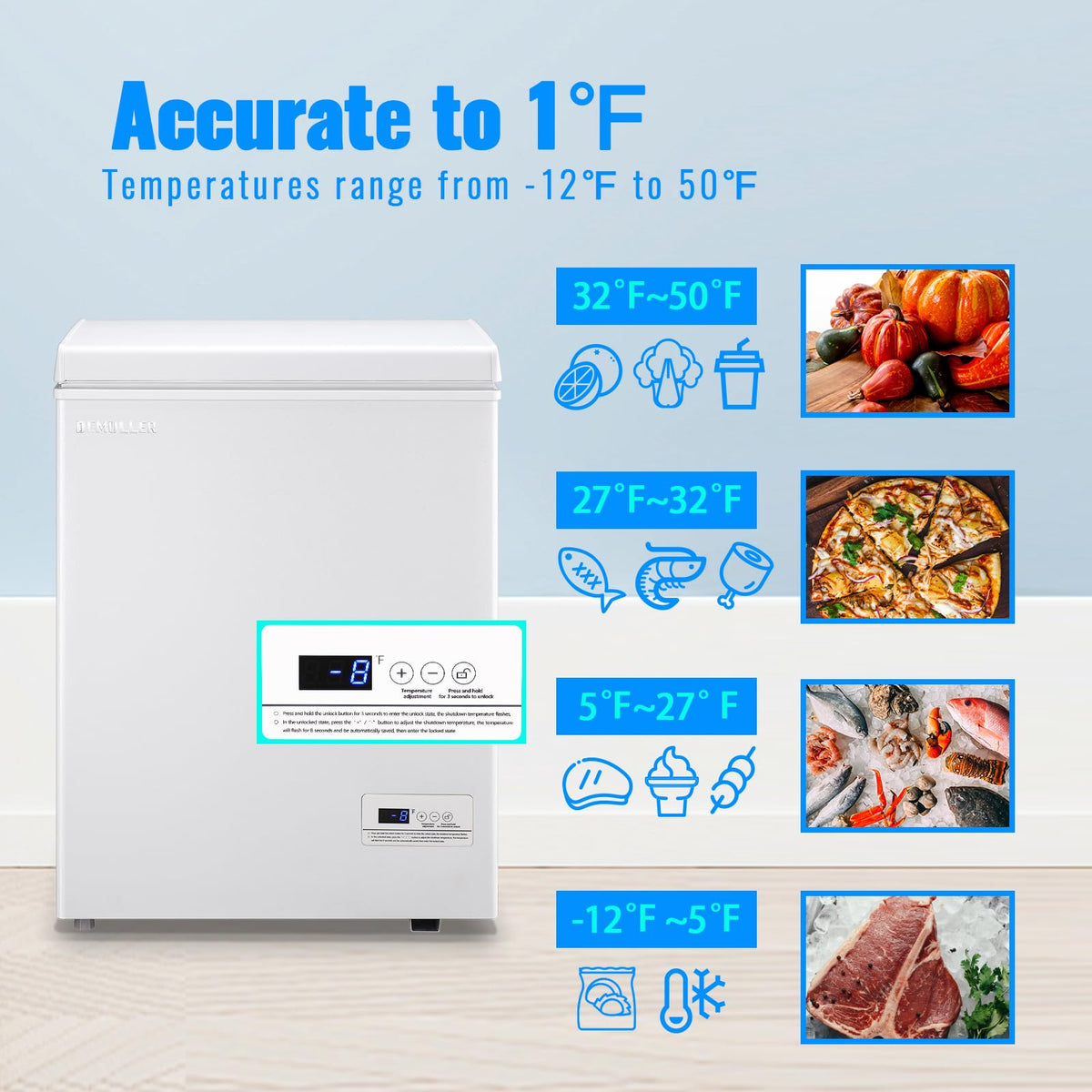 DEMULLER Chest Freezer 4.0 CU. FT Ultra-low Temperature Deep Freezers (Down to -12 ℉) with TWO Removable Baskets Accurate Display of Cabinet Temp Freestanding Black Jansha Store