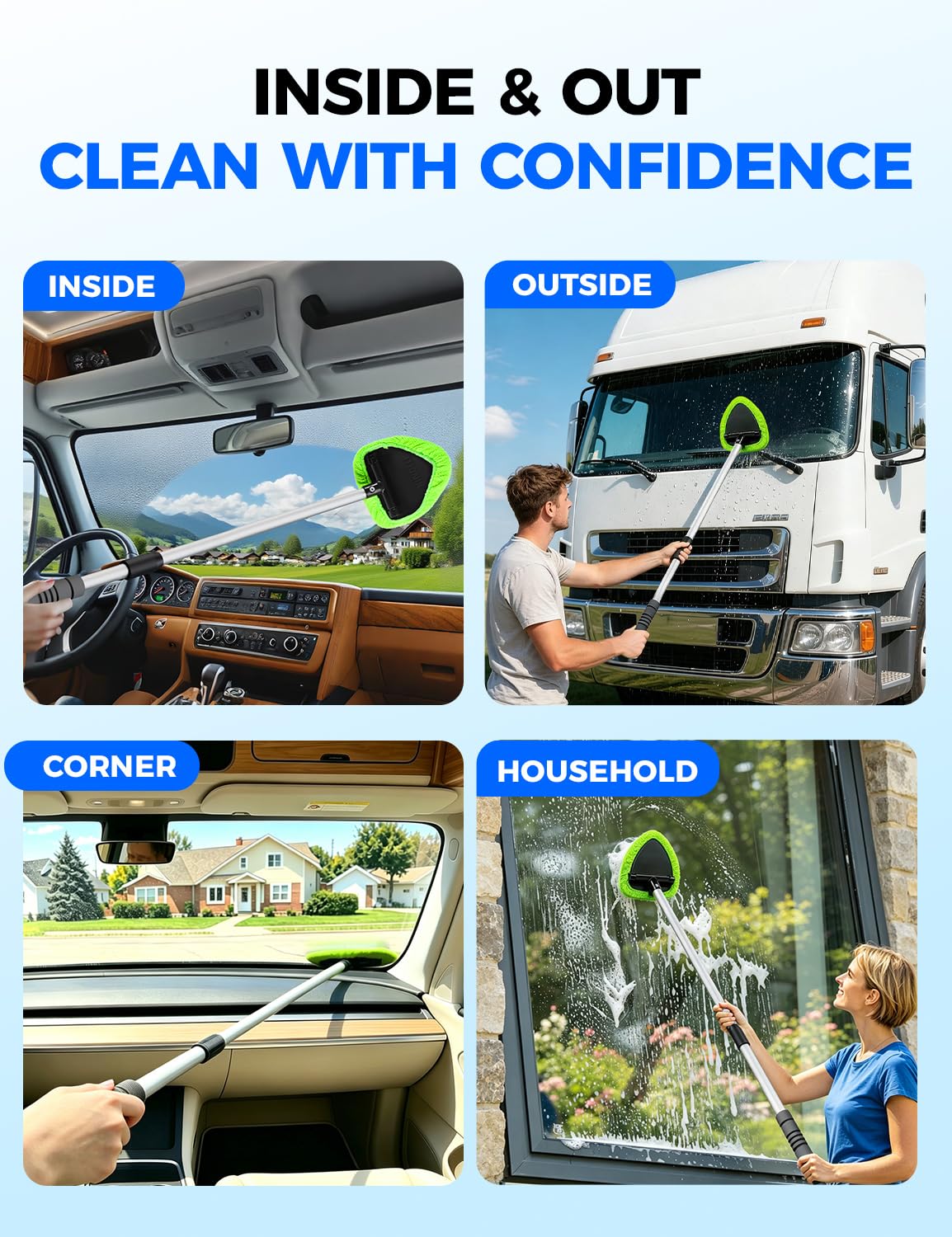 XINDELL Interior Windshield Cleaner Tool – Car Interior Window Cleaning Kit with Extendable Handle & 4 Microfiber Pads, Auto Wiper Inside Compact Windshield Brush for Car & Home Windows Jansha Store
