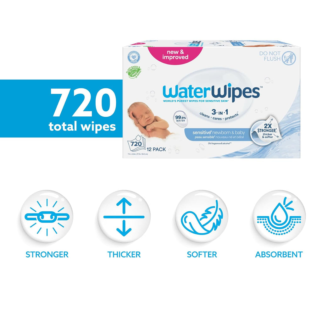 WaterWipes Sensitive+ Newborn & Baby Wipes, 3-In-1 Cleans, Cares, Protects, 99.9% Water, Unscented & Hypoallergenic, 720 Count (12 Packs) Jansha Store