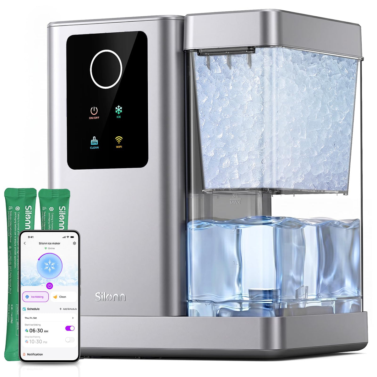 Silonn Nugget Ice Maker Countertop, Pellet Ice Machine with Self-Cleaning Function, Sonic Ice Maker Produces 36lbs of Chewable Ice in 24 Hours, Ideal for Home Kitchen and Office (Stainless Steel) Jansha Store