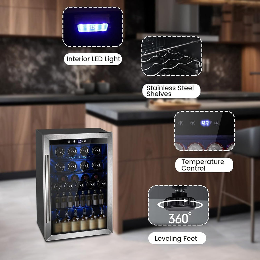 Electactic Wine Cooler 37 Bottle Freestanding Fridge with Stainless Steel Reversible Glass Door, 145 Can Beverage Refrigerator Quiet Compressor for Home Kitchen Bar, 4.5 Cu.ft Silver Jansha Store