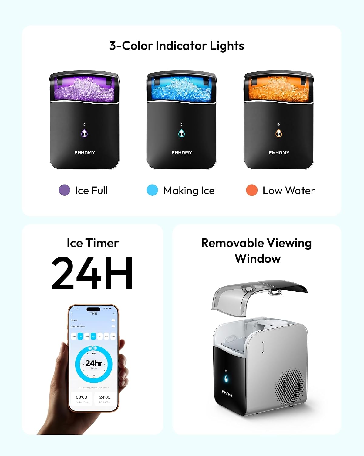 EUHOMY Smart Nugget Ice Maker Countertop, 42lbs/24H, Ready in 7 Mins, Portable Sonic Ice Maker with APP/Alexa Control, Self-Cleaning, Pebble Ice Makers with Hanging Ice Scoop for Home/Office Jansha Store