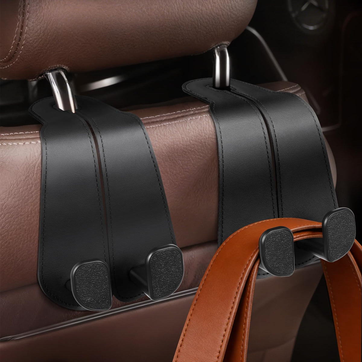 CoBak Purse Hook for Car - Universal Premium Stitched Leather and Aluminum-Magnesium Alloy Double Car Seat Back Storage Hook for Purses, Handbags, Bags (2 Pack),Black Jansha Store