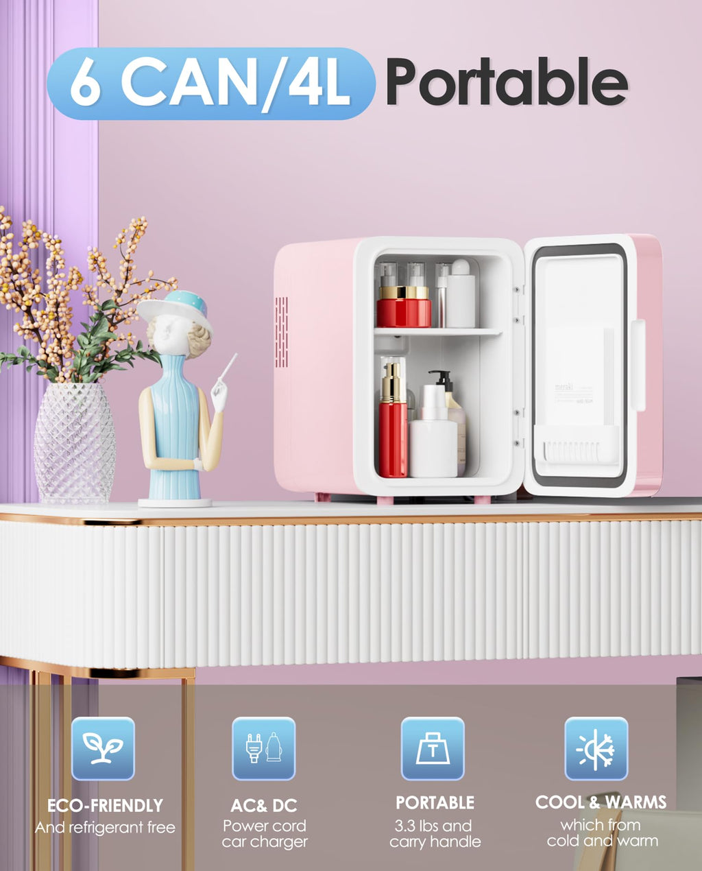 CUTIEWORLD Skincare Fridge - 4L Makeup Fridge for Refrigerating Makeup, Skincare and Food, Mini Fridge for Bedroom, Office and Car, Cooler and Warmer, Beverage Cooler, Leather Pink Jansha Store