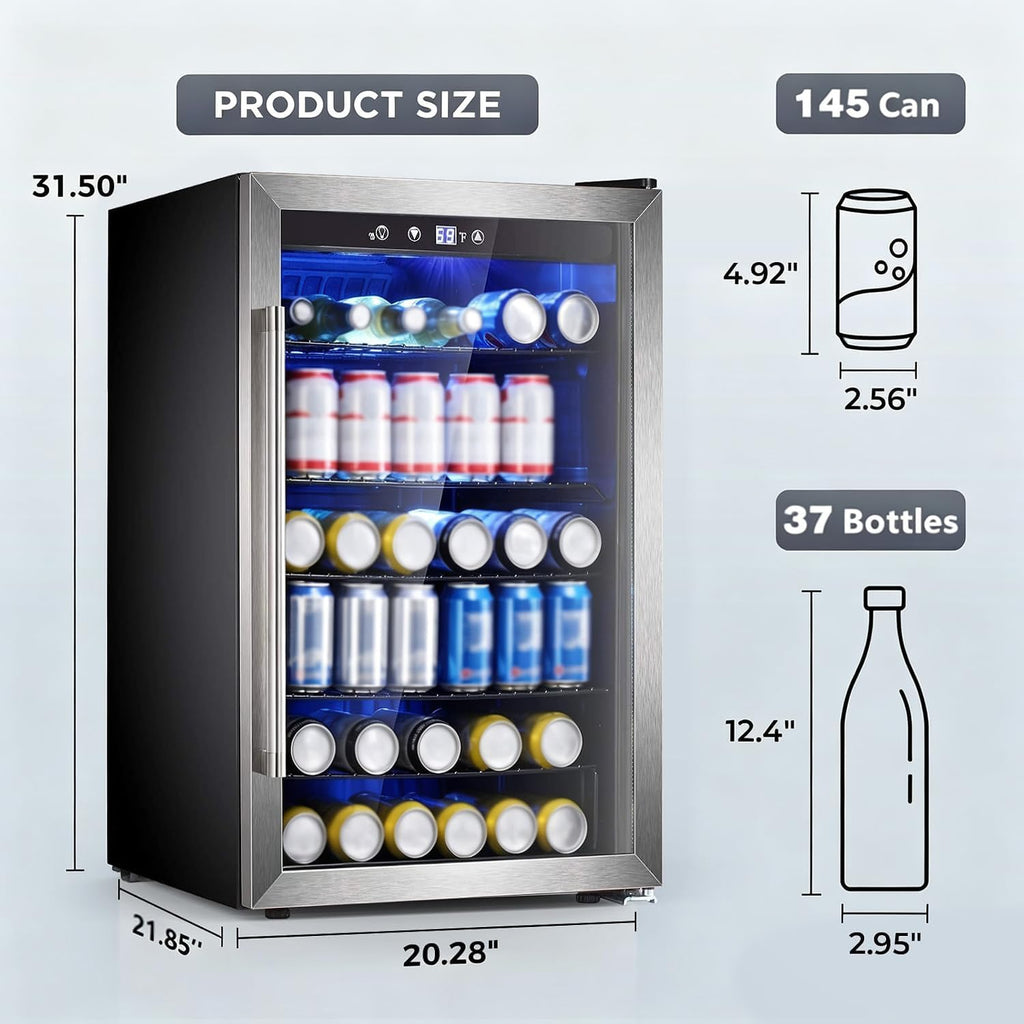 Electactic Wine Cooler 37 Bottle Freestanding Fridge with Stainless Steel Reversible Glass Door, 145 Can Beverage Refrigerator Quiet Compressor for Home Kitchen Bar, 4.5 Cu.ft Silver Jansha Store