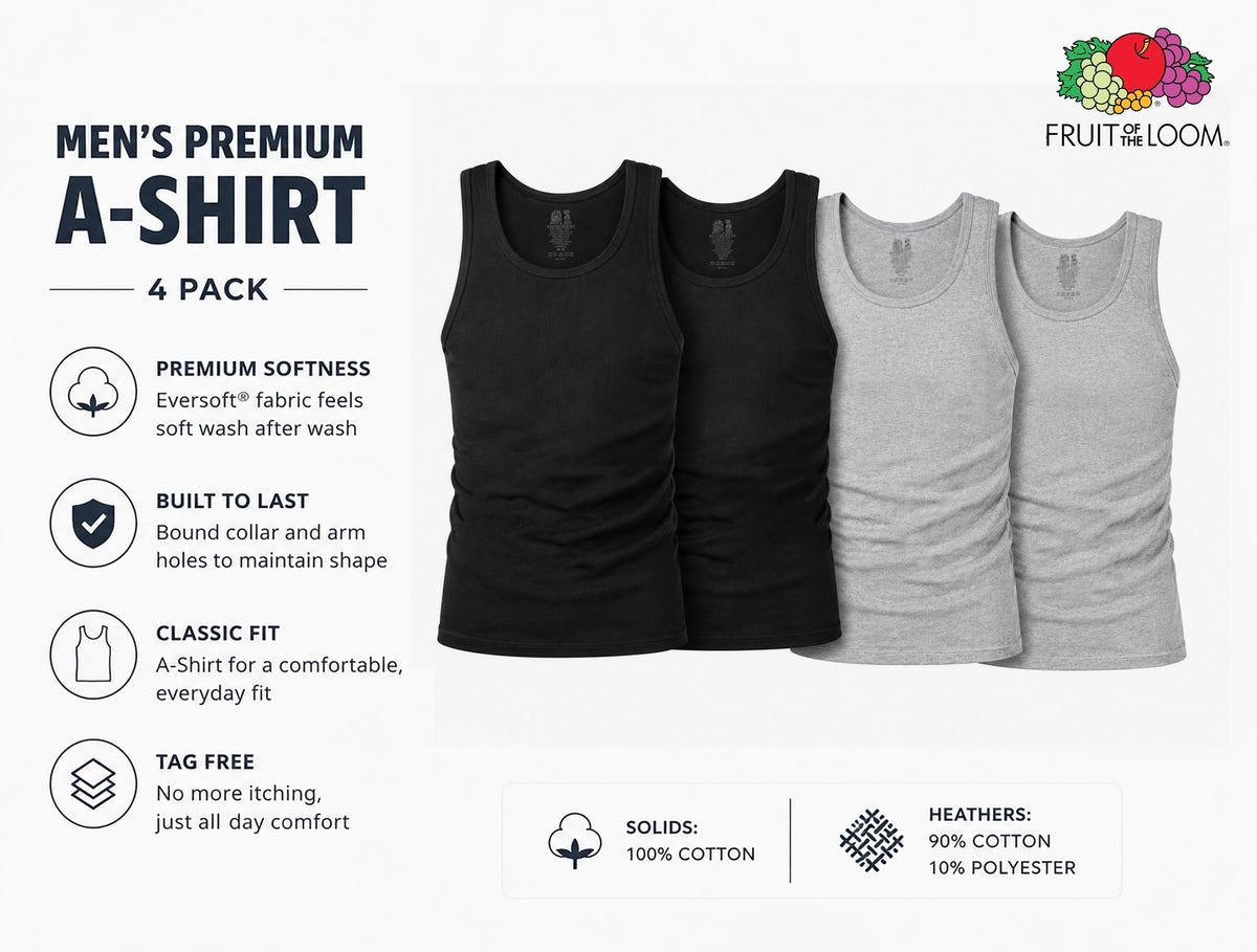 Fruit of the Loom Men's Sleeveless Tag Free Moisture Wicking Tank A-Shirt Jansha Store